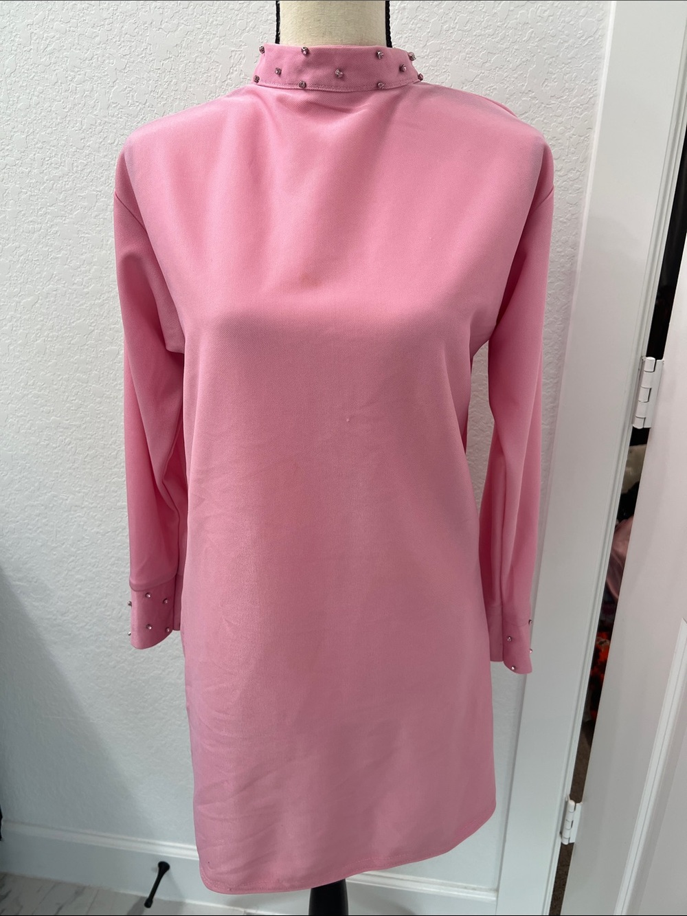 1960s Handmade Pink Long-Sleeve Mini Dress with Embellished Mock Neck Collar